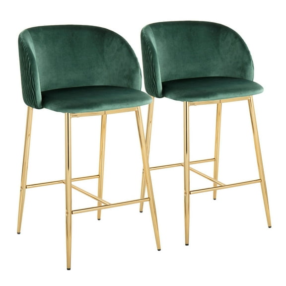 Fran Pleated Waves Contemporary Glam Fixed-Height Counter Stool In Gold Metal And Green Velvet - Set Of 2
