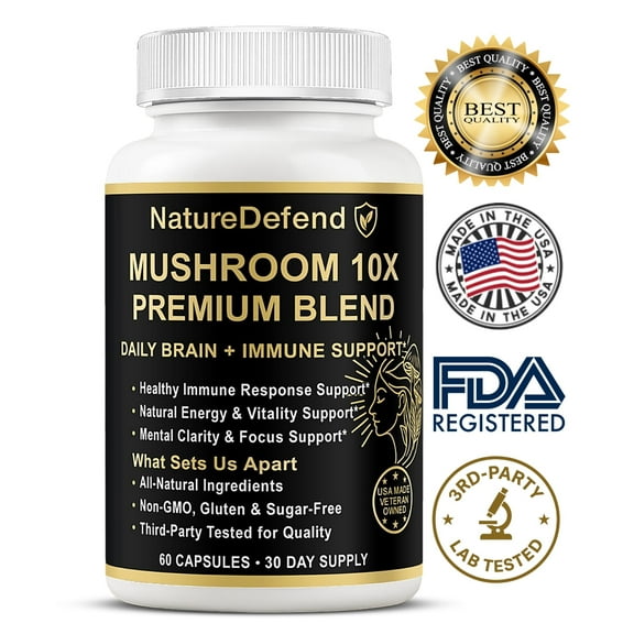 NatureDefend Mushroom 10X, Lion’s Mane & Reishi, 60 Capsules, USA Made