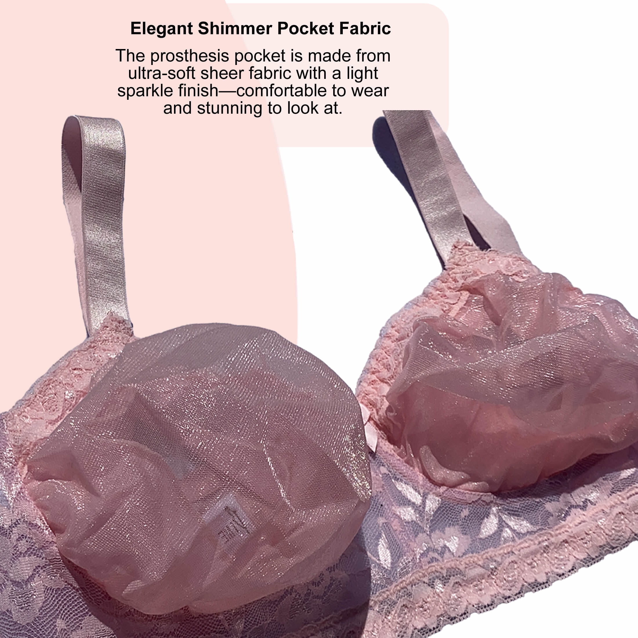 BIMEI Women’s Pocketed Mastectomy Bra with Lace | Sheer Pocket Bra for Breast Forms | Post-Surgery Prosthesis Bra | Wire-Free Support, Silicone Breast Form Holder,Pink,44D