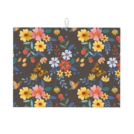 

Cauagu Dish Drying Mat 24*18 inch Absorbent Dish Drainer Kitchen Counter Dish Drying Pad for Countertops Sinks Draining Racks( Colorful Flowers with Butterfly)