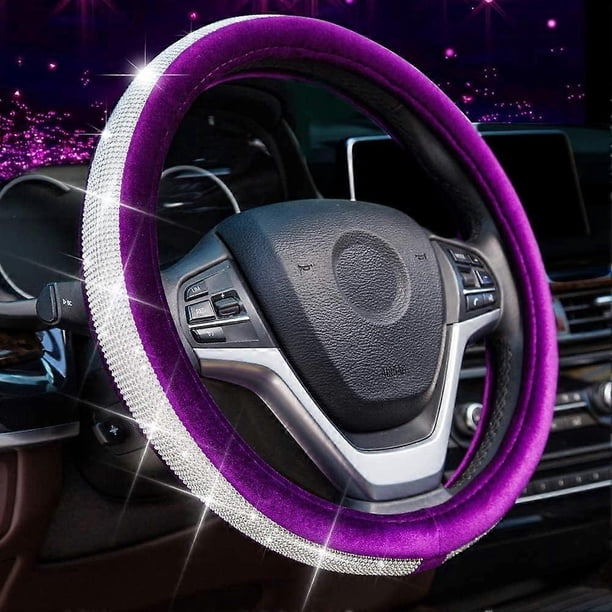 Crystal Diamond Steering Wheel Cover-Purple Soft Velvet Feel Bling Steering Wheel Cover for Women Universal 15 inch Plush Wheel Cover