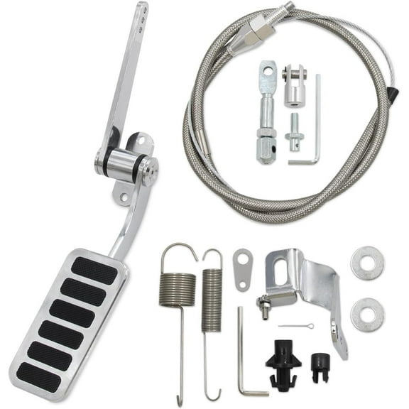 Universal Polished Aluminum Throttle Pedal, 2" x 4-1/2", Includes Stainless Steel Braided 36" Throttle Cable Kit with 24" Sleeve and Cable & Carb Bracket
