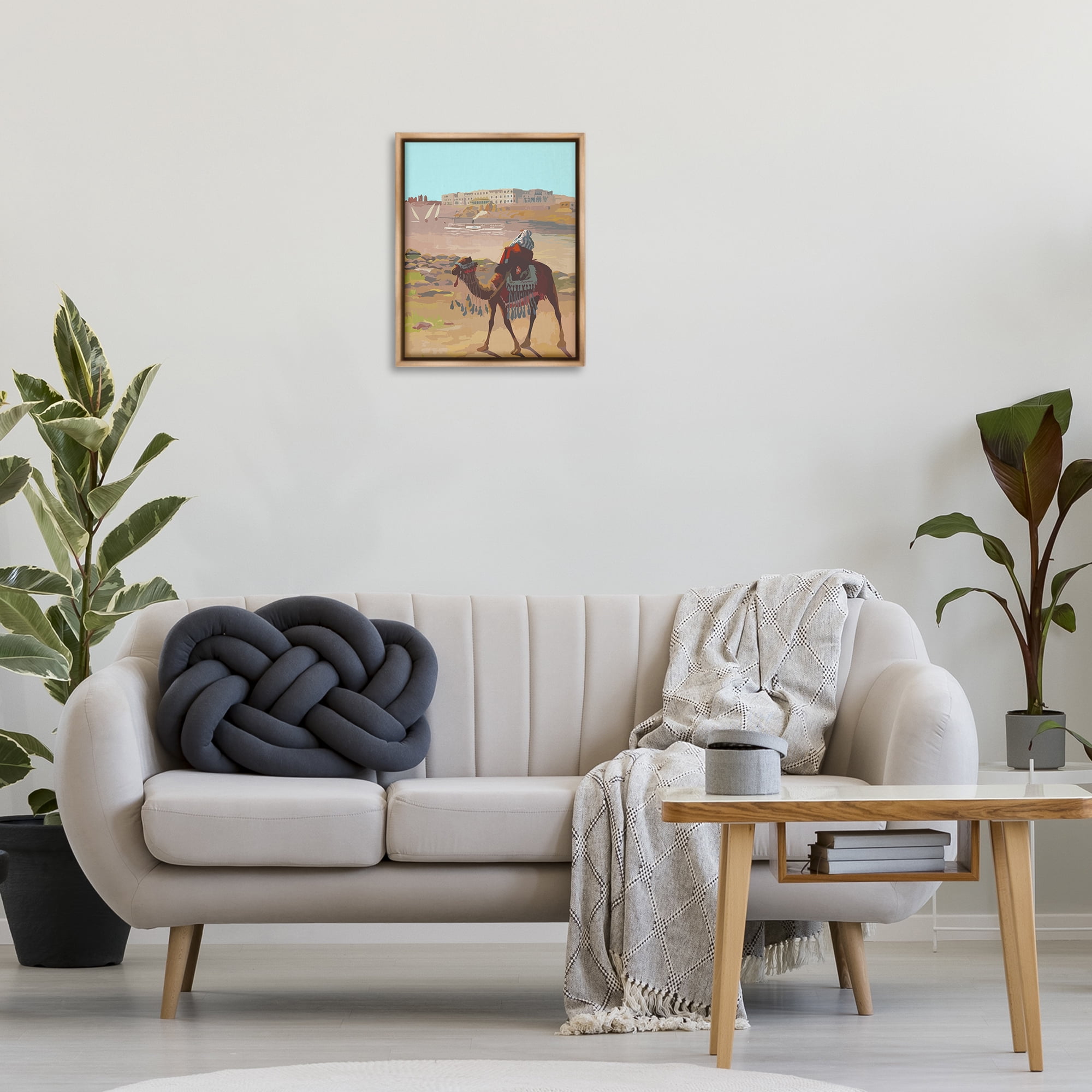 Stupell Industries Camel in Desert Town Landscape Painting Brown Floater Framed Art Print Wall Art, 17 x 21