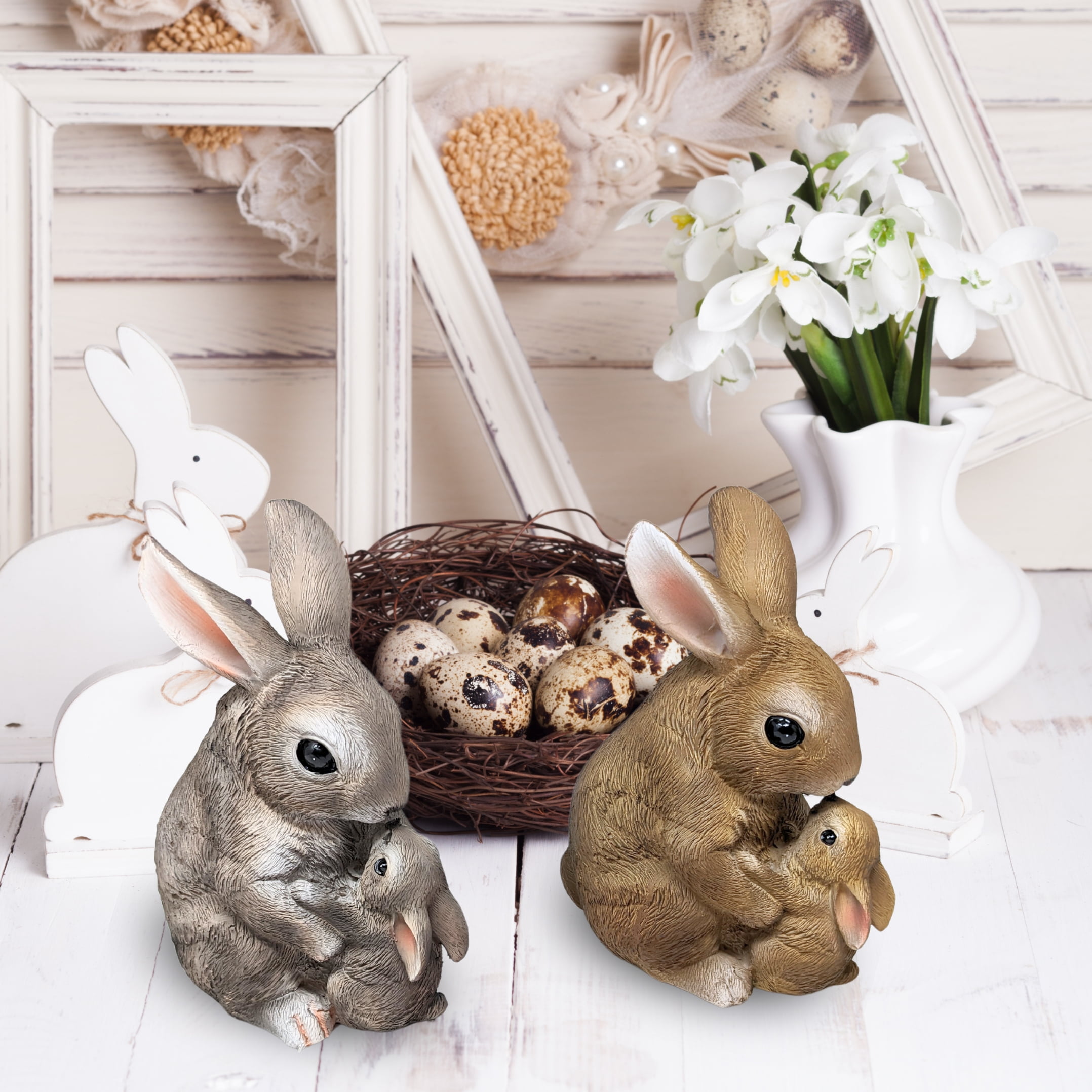 2-Piece Mom & Baby Rabbit Figurines – Adorable Bunny Statues, Resin Animal Sculptures for Home, Indoor & Garden Décor – Cute Easter, Farmhouse, Rustic, and Woodland Decorations