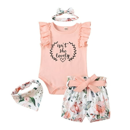 

TAIAOJING Toddler Baby Girl Clothes Letter Tops Romper Floral Shorts Headbands Bib Outfits For Girl 12-18 Months
