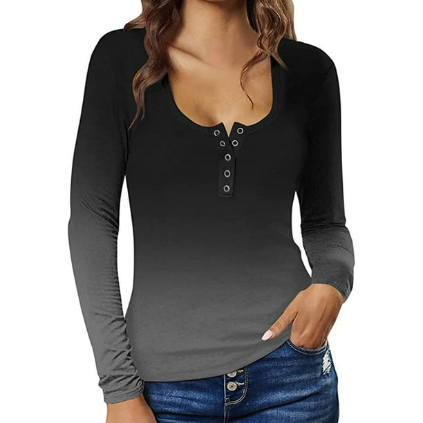 Camiseta de manga larga con cuello redondo para mujer a la moda blusa con estampado de botones de otoño Fridja ghj987+3581