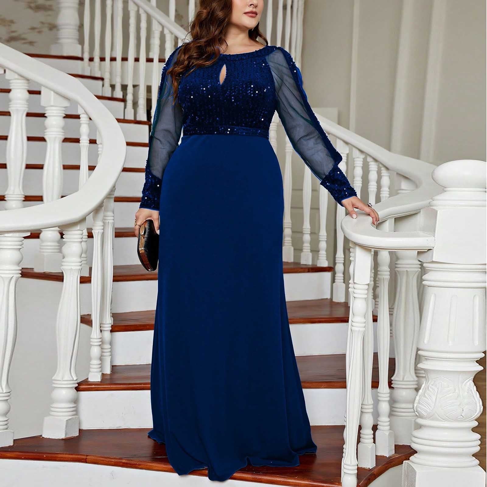 Party Sapphire Blue Dress Plus Size Wedding Dress Navy Blue Velvet Dresses  With Sleeves Roncen Women's Ball Gown Evening Dress Round Neck