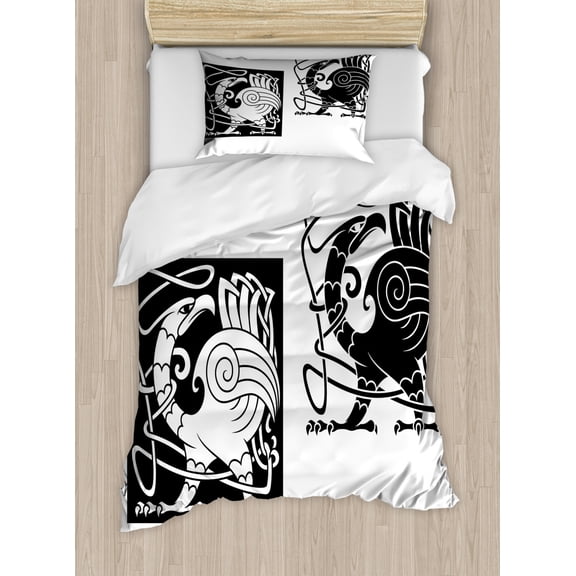 Celtic Twin Size Duvet Cover Set, Bird Silhouettes Fantastic Animals with Tracery Inspired Ornamental Pattern, Decorative 2 Piece Bedding Set with 1 Pillow Sham, Black and White, by Ambesonne