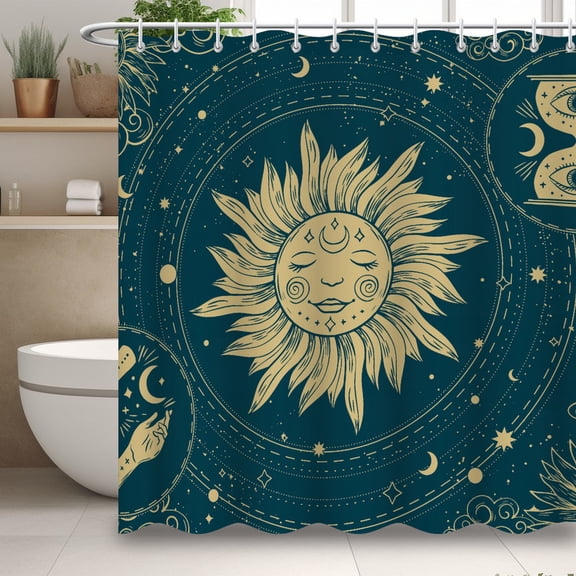 Modern Minimalist Style Shower Curtain, Boheo Sun Moon Waterproof Shower Curtain, Simple Bathroom Decor with 12 Hooks