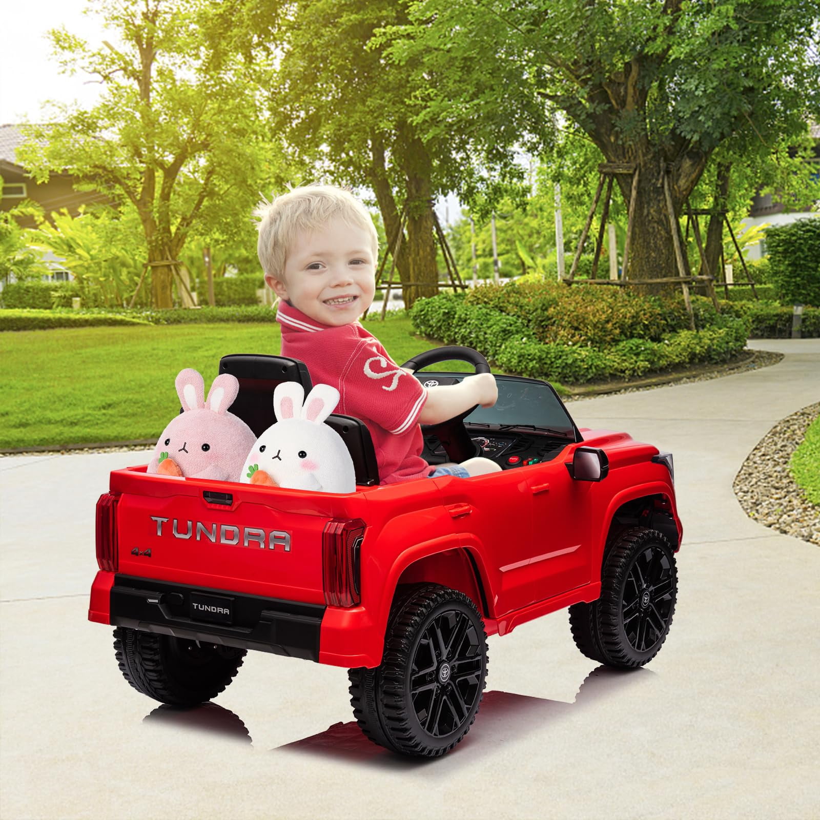 Juiluna Ride on Truck Car, 12V Licensed Toyota Tundra Ride on Car w/Remote Control, Battery Powered Electric Car with4 Wheels Spring Suspension, 3 Speeds, LED Lights, Gift for 3+ Kids-Red