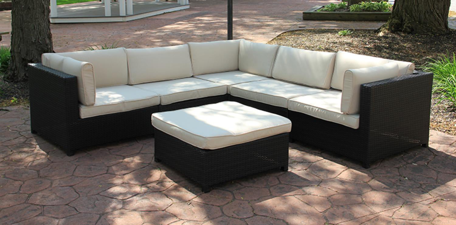 Black Resin Wicker Outdoor Furniture Sectional Sofa Set - Beige Cushions