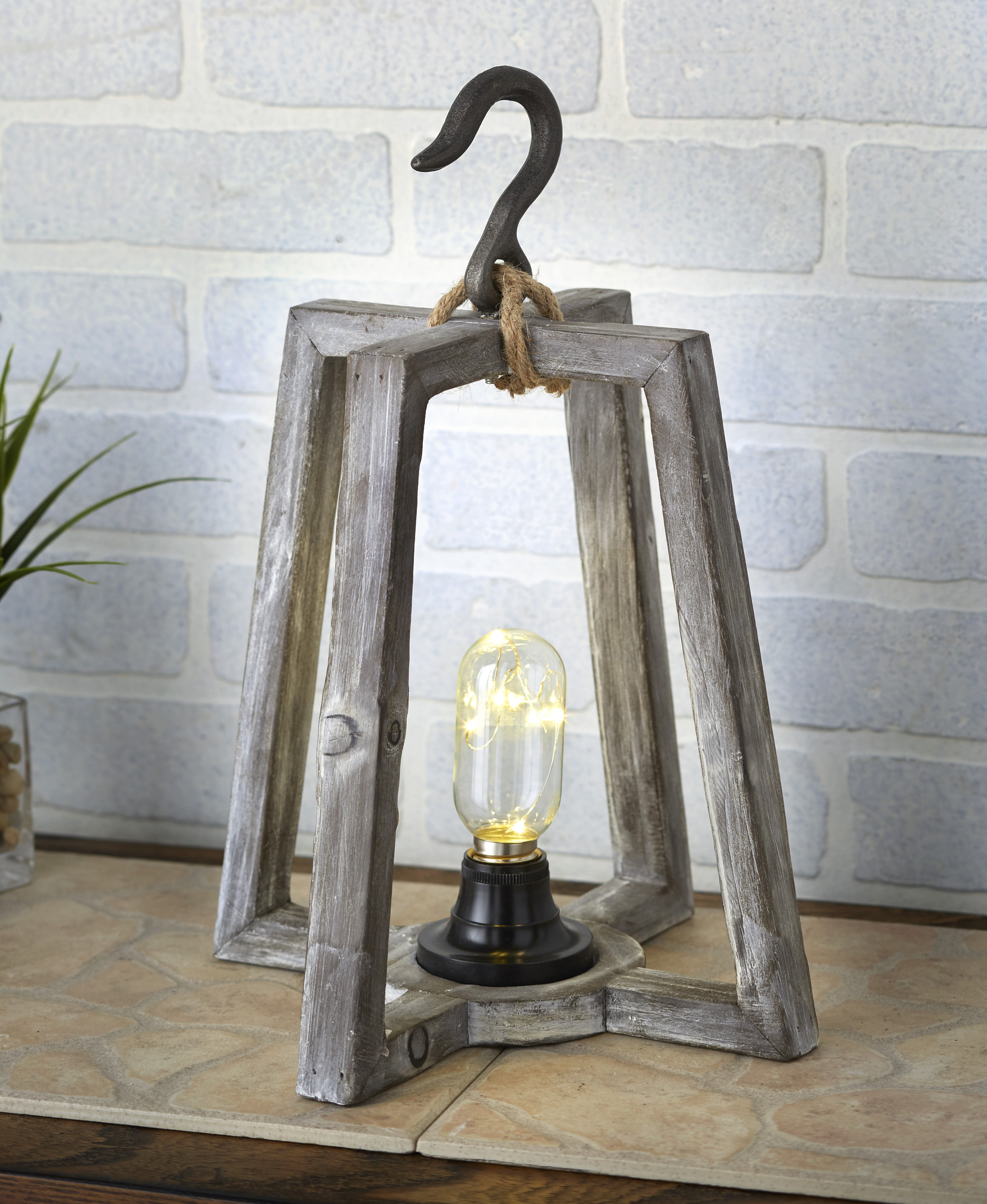 Rustic Hanging Lantern with Distressed Wood Finish, Hook, LED Light