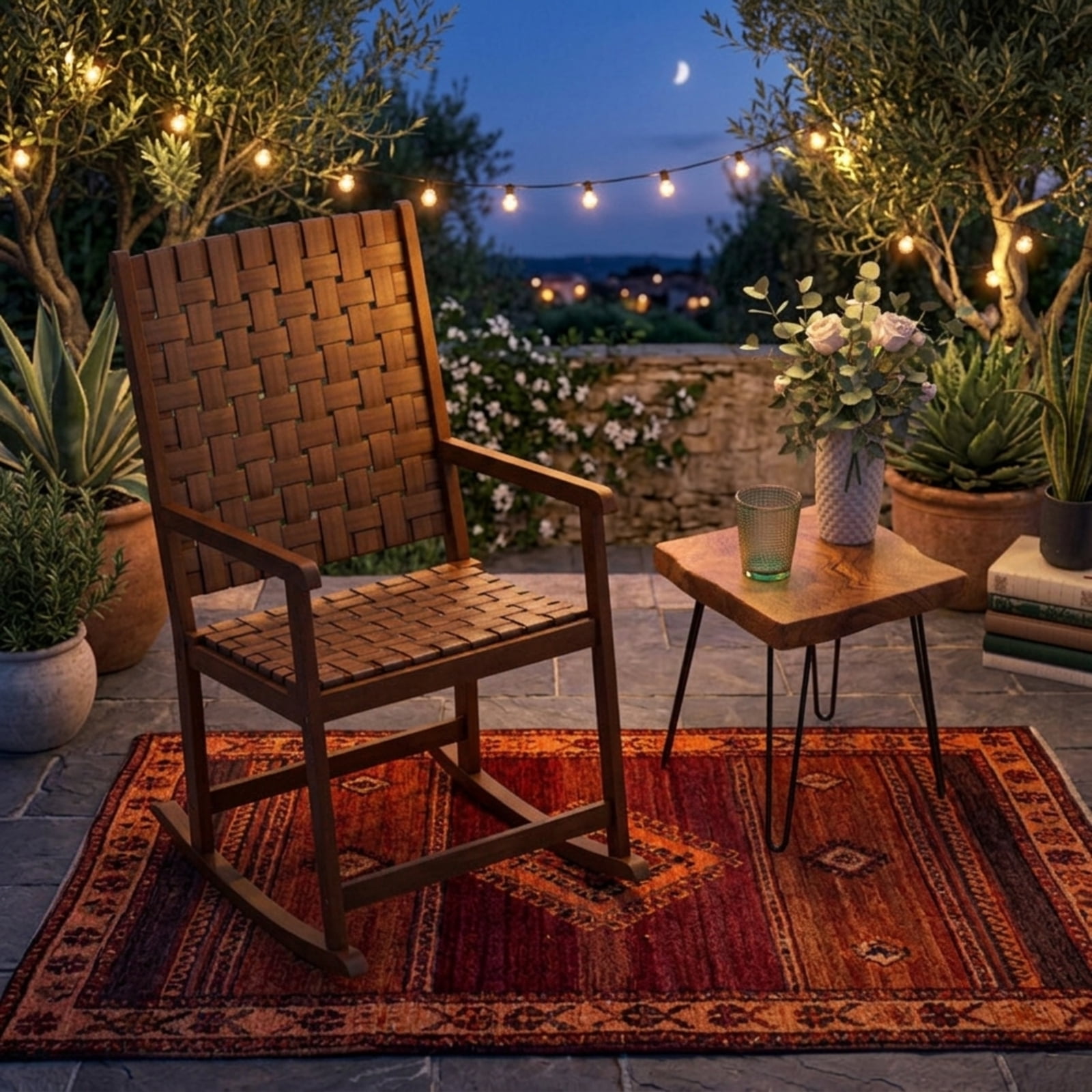 Furnibear Outdoor Rocking Chair Solid Rubber Wood for Backyard Deck Garden Brown 220 lbs Capacity Weather-Resistant Outdoor Furniture