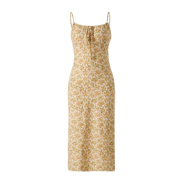 VISgogo - Vestido informal para mujer, estampado floral, sin mangas, cuello de tirantes, lazo en la parte inferior, vestido de playa con abertura alta VISgogo moda