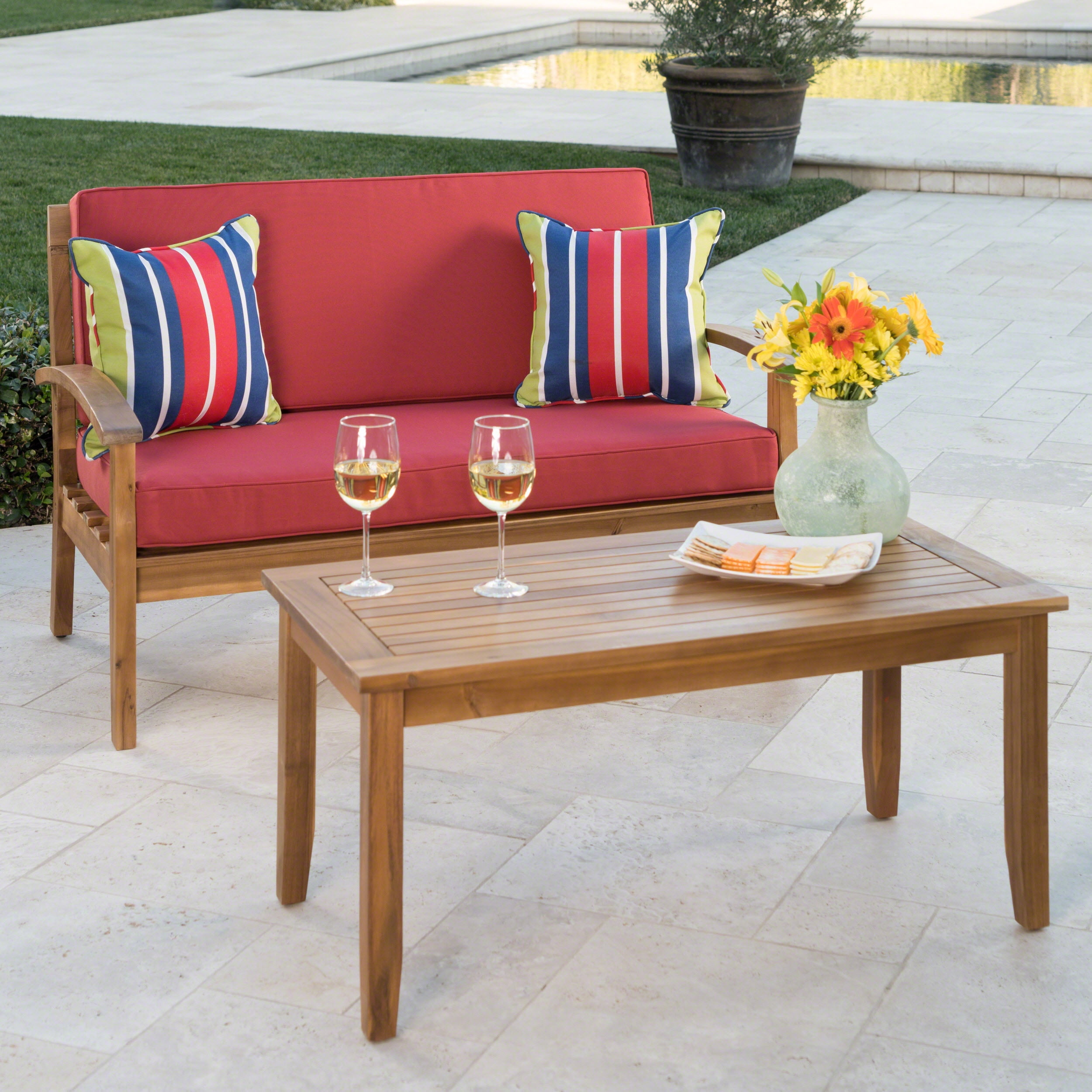 Outdoor Loveseat and Coffee Table Combined Leisure Set, Acacia Wood Frame Furniture for Patio Garden, Red