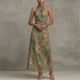 thumbnail image 4 of 2026 Summer New Women's Olive Green Floral Halter Neck Maxi Dress Flowy Wedding Guest Evening Party Long Dress, 4 of 6