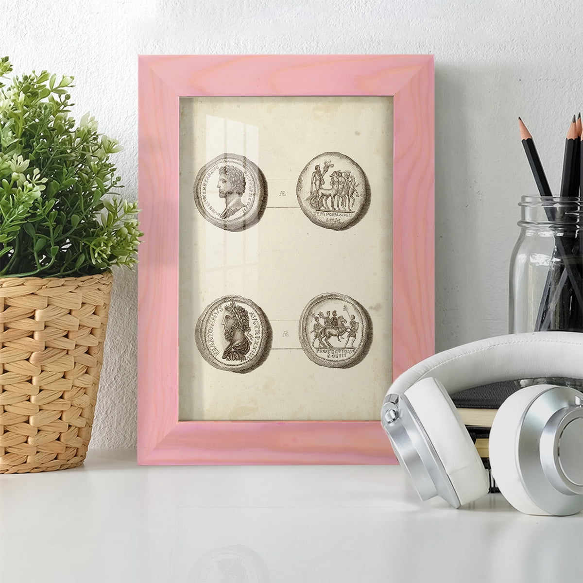 Antique Roman Coins VI -Framed Print w/glass-Sunset Pink