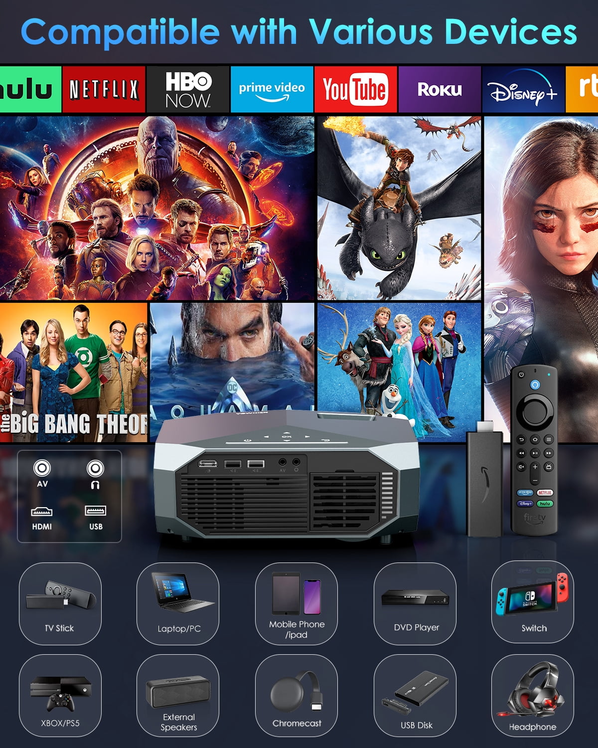 Hewcham 4K LCD Projector with Wireless, 1080P, 22000 Lumens, Bluetooth, Remote, 120,000-Hour Lamp