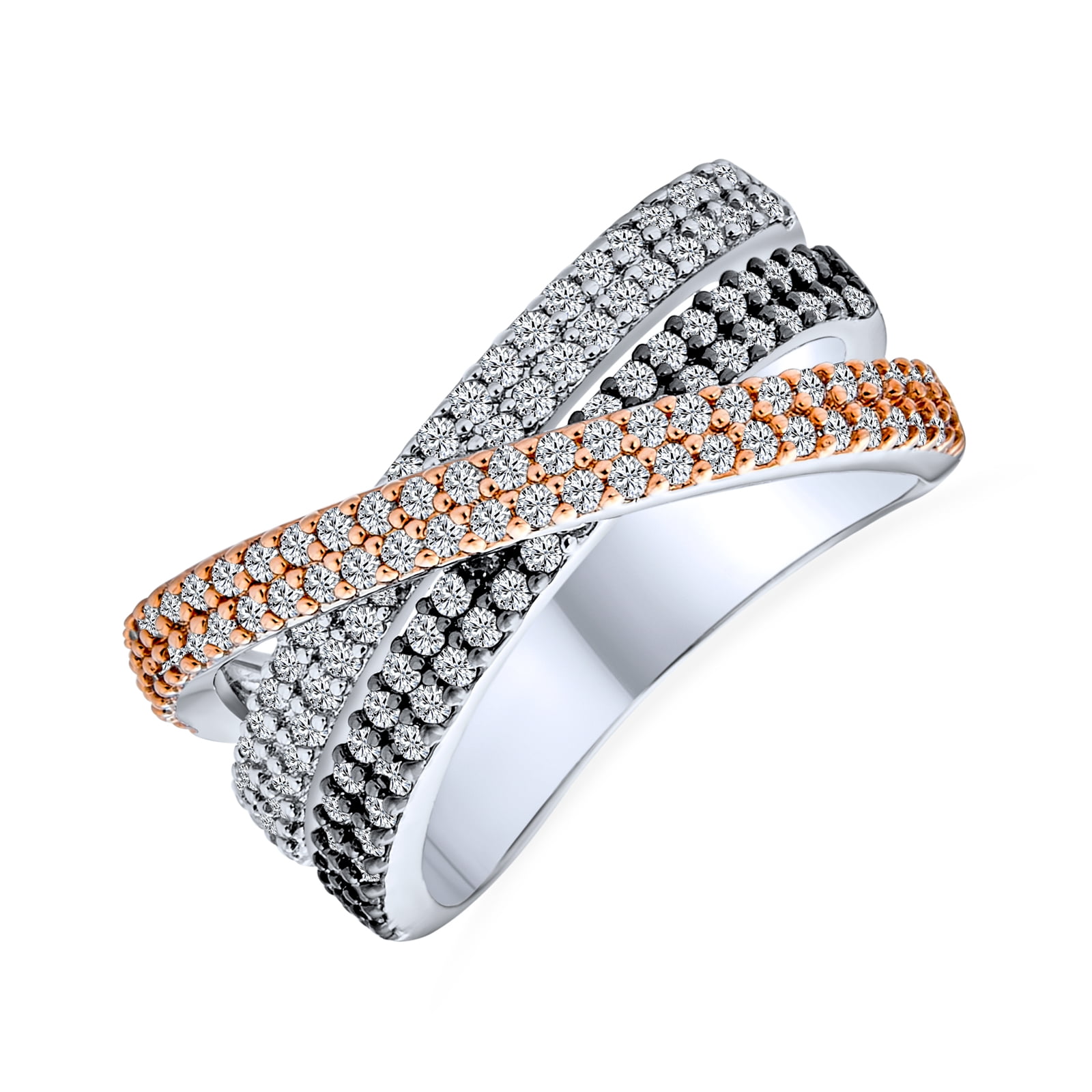 Crossover Statement Criss Cross Two Tone Black White Brown Coffee Pave CZ Band Ring for Women Silver Rose Gold Plated 