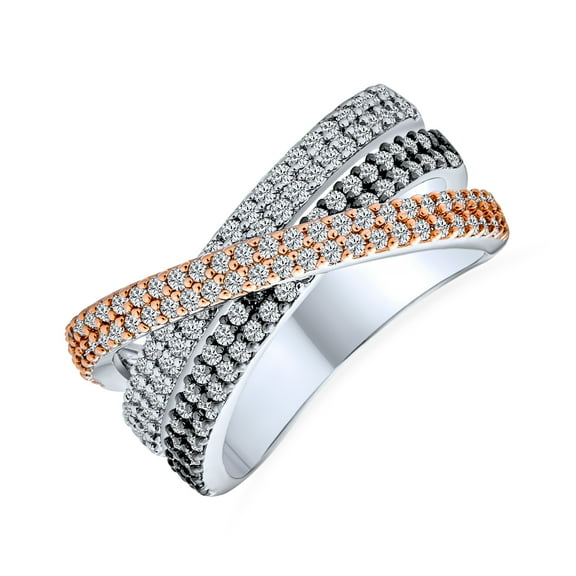 Bling Jewelry Womens Criss Cross Cubic Zirconia Triple Eternity Band Ring Black Rose Silver Plated
