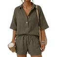 thumbnail image 5 of Women's Casual Solid Color Cotton-Linen Shirt & Shorts 2-Piece Set, Comfortable Summer Coordinated Outfit Army Green L, 5 of 8