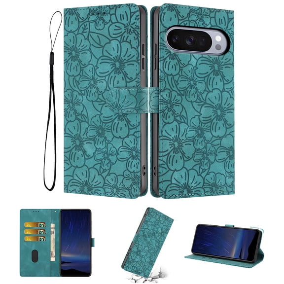 for Google Pixel 10 Pro XL Wallet Case with Card Holder Credit Card Slots, Premium Flower Pattern PU Leather Case with Flip Kickstand, Full Body Protection Shockproof Magnetic Clasp Cover, Green