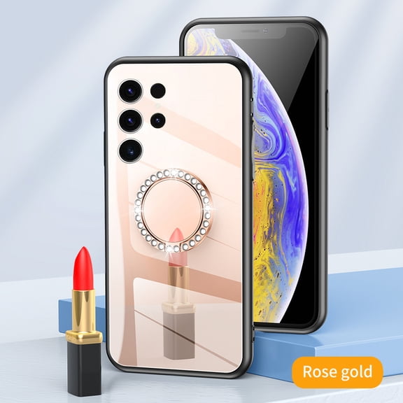 JTCASES for Samsung Galaxy S23 Ultra Case, Glitter Diamond Ring Kickstand Mirror Backplane Make-up Women Girls Bling Luxury Phone Stand Cover Shockproof Anti-fall, Rosegold