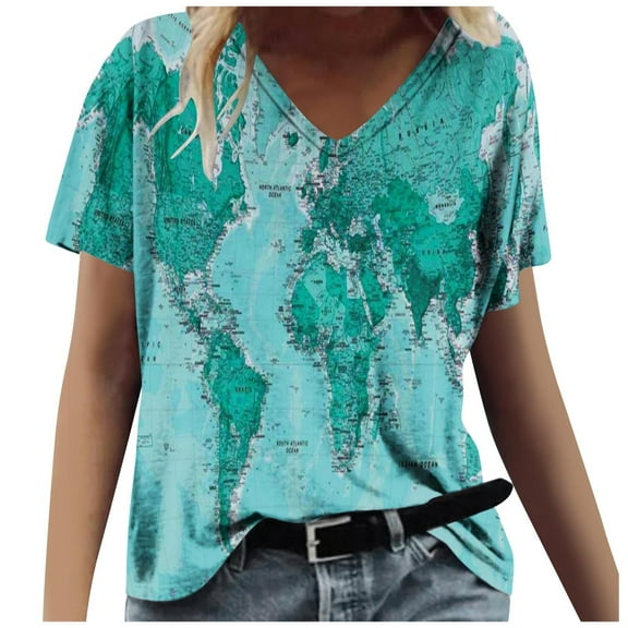 Women's World Map Print T-Shirts Short Sleeve V-Neck Tees Summer Casual Loose Fit Funny Tops Workout Blouse