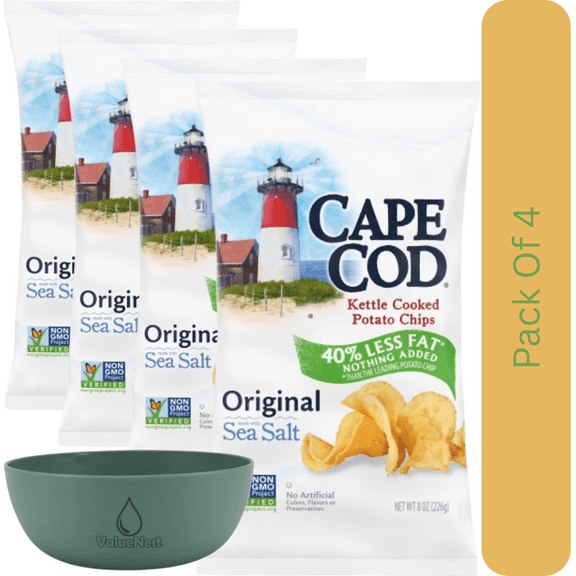 Cape Cod Less Fat Original Kettle Cooked Potato Chips, 8 oz Snack Bag With Olive Green Bowl By ValueNest