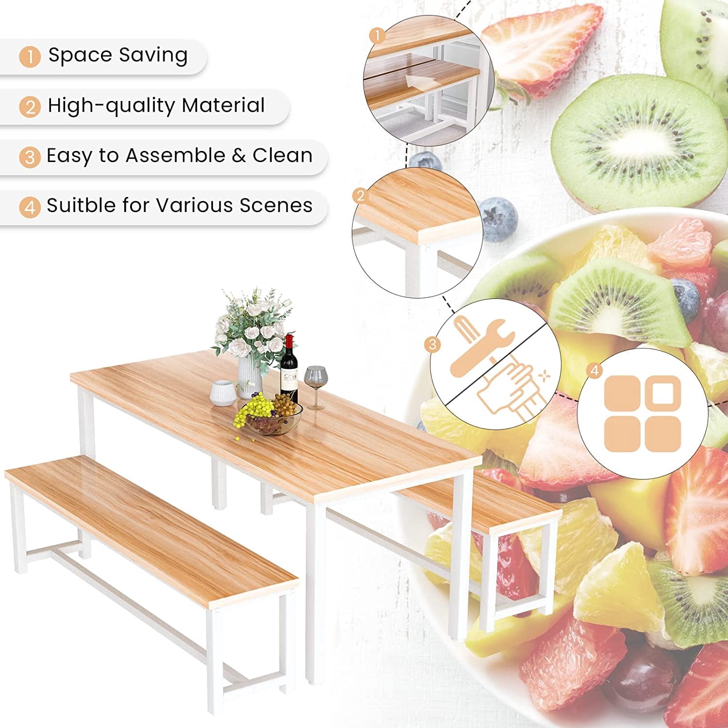 Baxluxe Dining Set, 47" Rectangular Dining Set, 2-4 Person Dining Set with Bench, Apartment, Kitchen & Dining Room, Beige