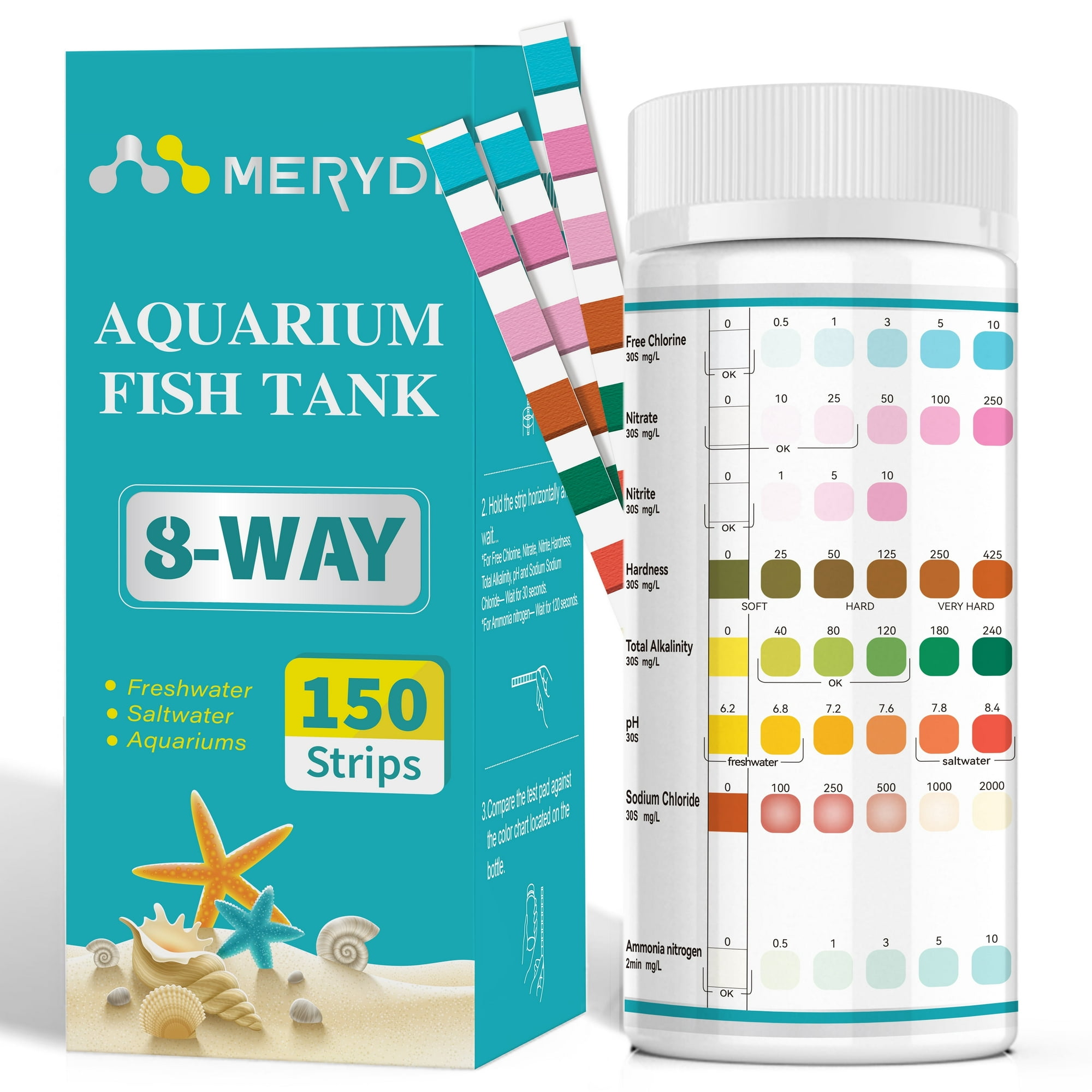 MERYDI 8 Way Aquarium Water Test Strips, 150 Strips for Saltwater Freshwater Aquariums, Pond and Fish Tanks Testing pH Ammonia Hardness
