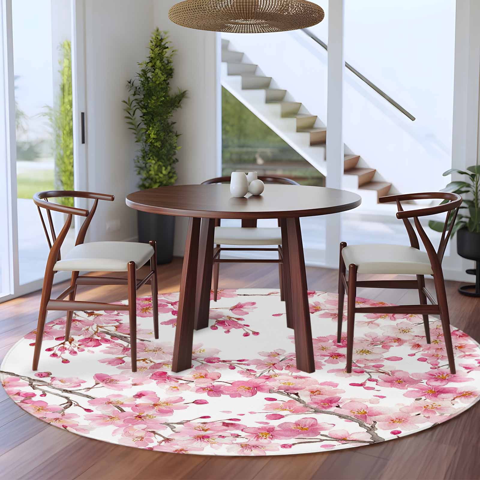Spring Peach Flowers Round Area Rug 7Ft Washable Circle Rugs for Dorm Laundry Room, Pink Botanical Floral Leaves Branch Non-Slip Carpet Floor Mats Indoor Outdoor Carpet Runner Aesthetic Home Decor
