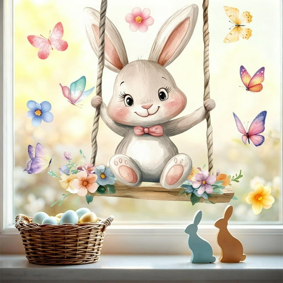 Yhmxh Spring Easter Window Stickers, Easter Egg & Cartoon Bunny Design Window Clings, Reusable Window Stickers Fridge Sticker for Easter Home Office Party Gifts Spring Decoration