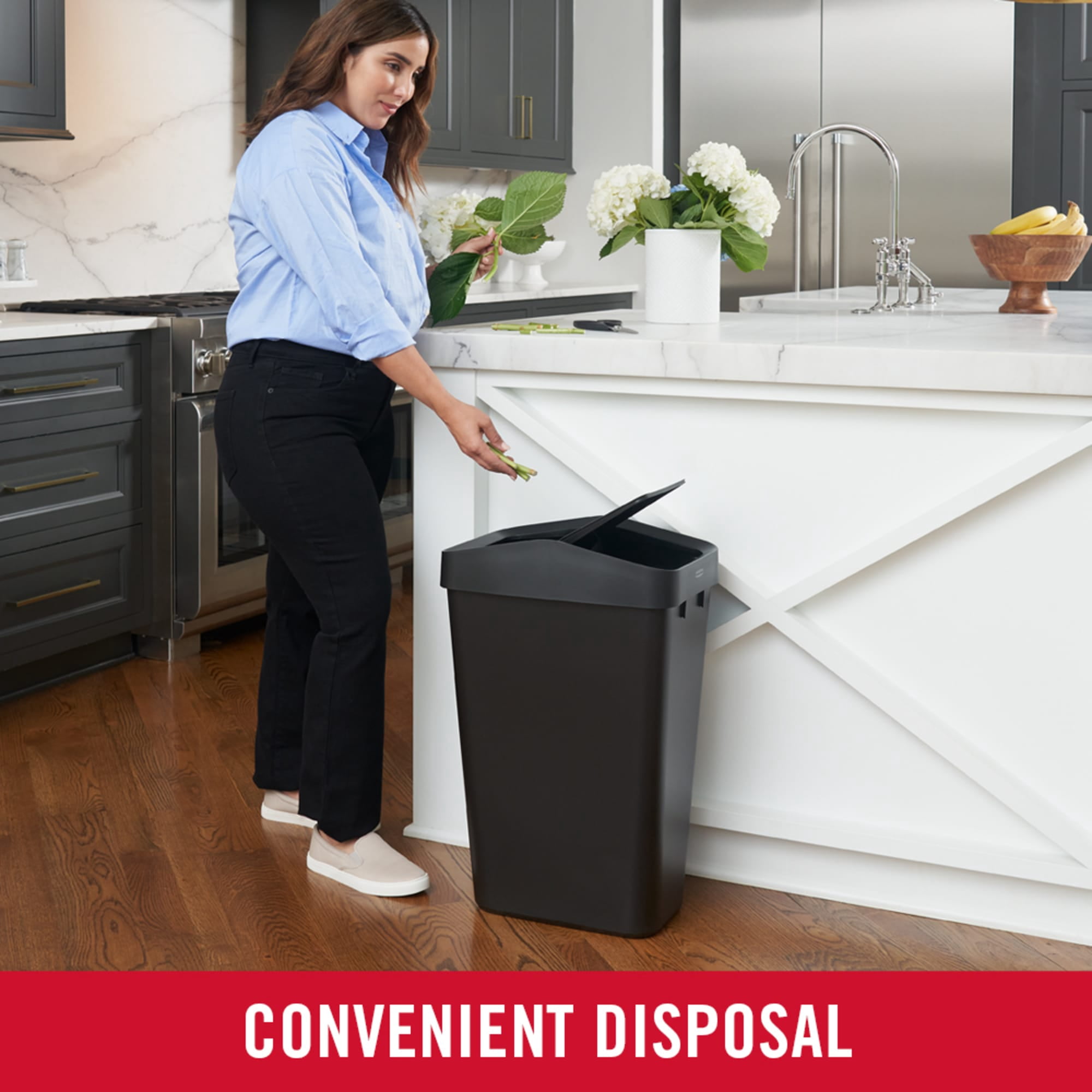 Rubbermaid Kitchen Trash Can, 12.2 Gallon Plastic Swing Lid Garbage Bin, Black