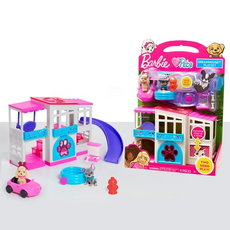 Barbie Pet Dreamhouse 2-Sided Playset, 10-pieces Include Pets and Accessories, Kids Toys for Ages 3 Up, Gifts and Presents