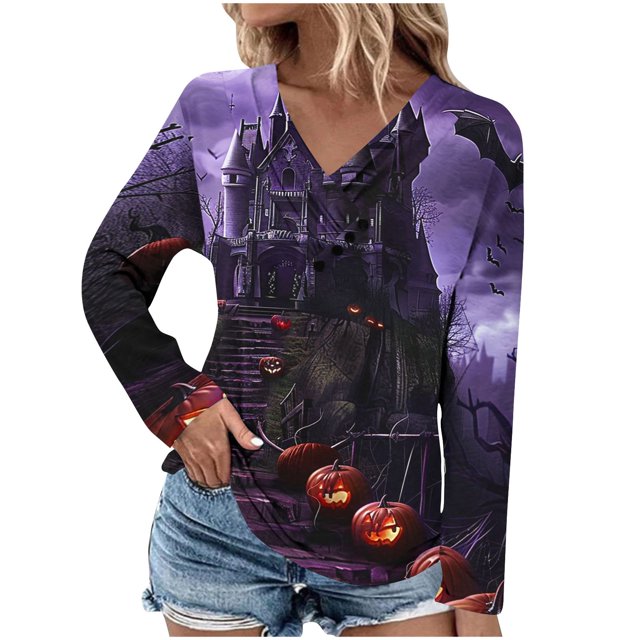 COM1950s Chemises d'Halloween pour Femmes, Chemises pour Femmes, Chemise Décontractée à Manches Longues Imprimée Série Orange, Chemises d'Halloween pour Femmes, Chemises à Manches 3/4 pour Femmes