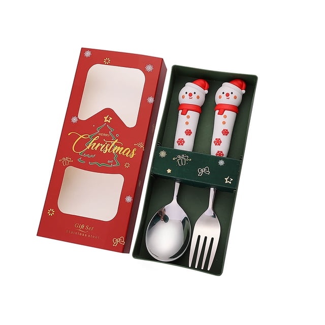 Juego de Cucharas Navideñas, Tenedor y Cuchara de Acero Inoxidable, Diseño de Muñeco de Papá Noel, Vajilla Navideña, Caja de Regalo Festiva, Perfecto para Cenas, Juego de 2 Piezas