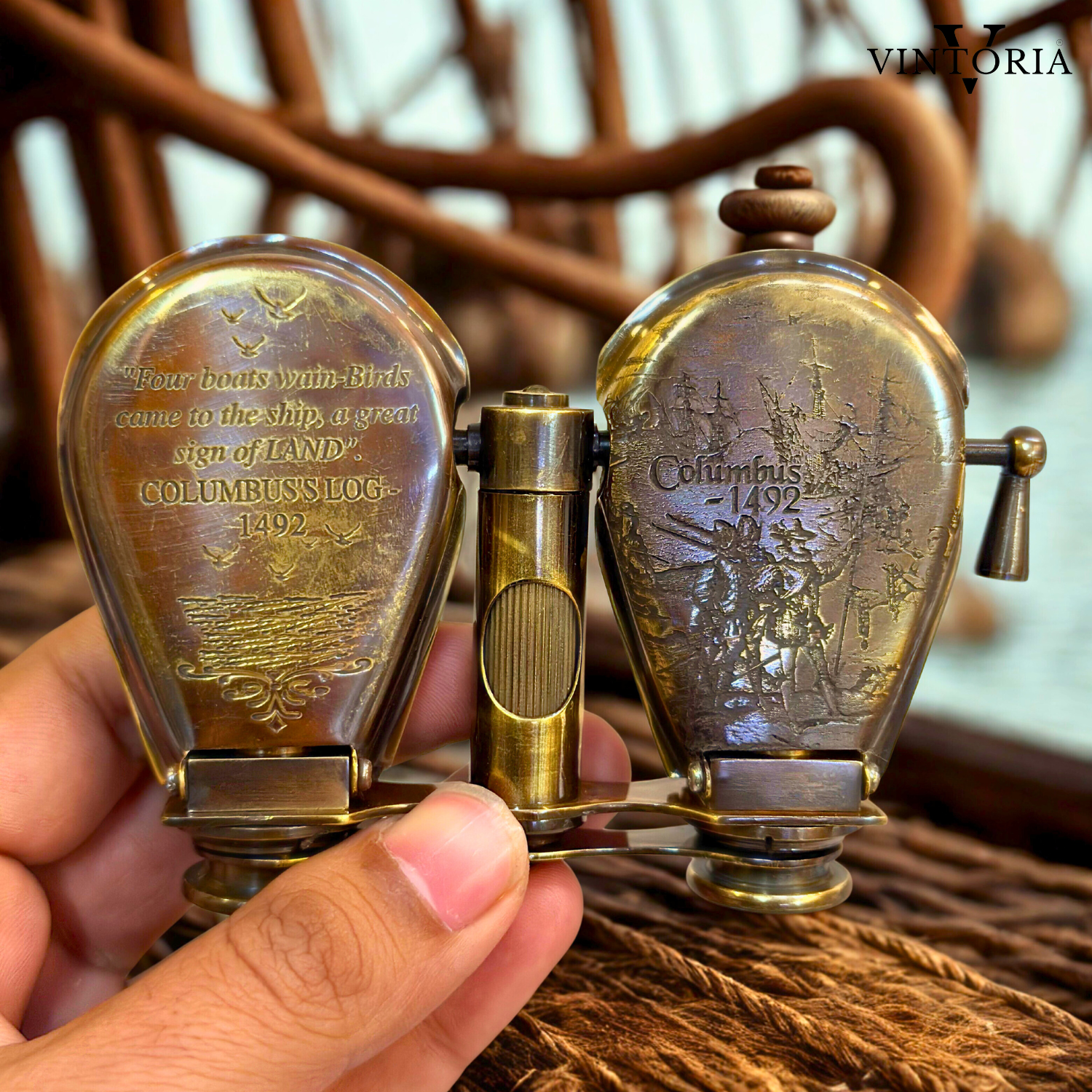 Brass Binoculars with Leather Case Columbus Engraved