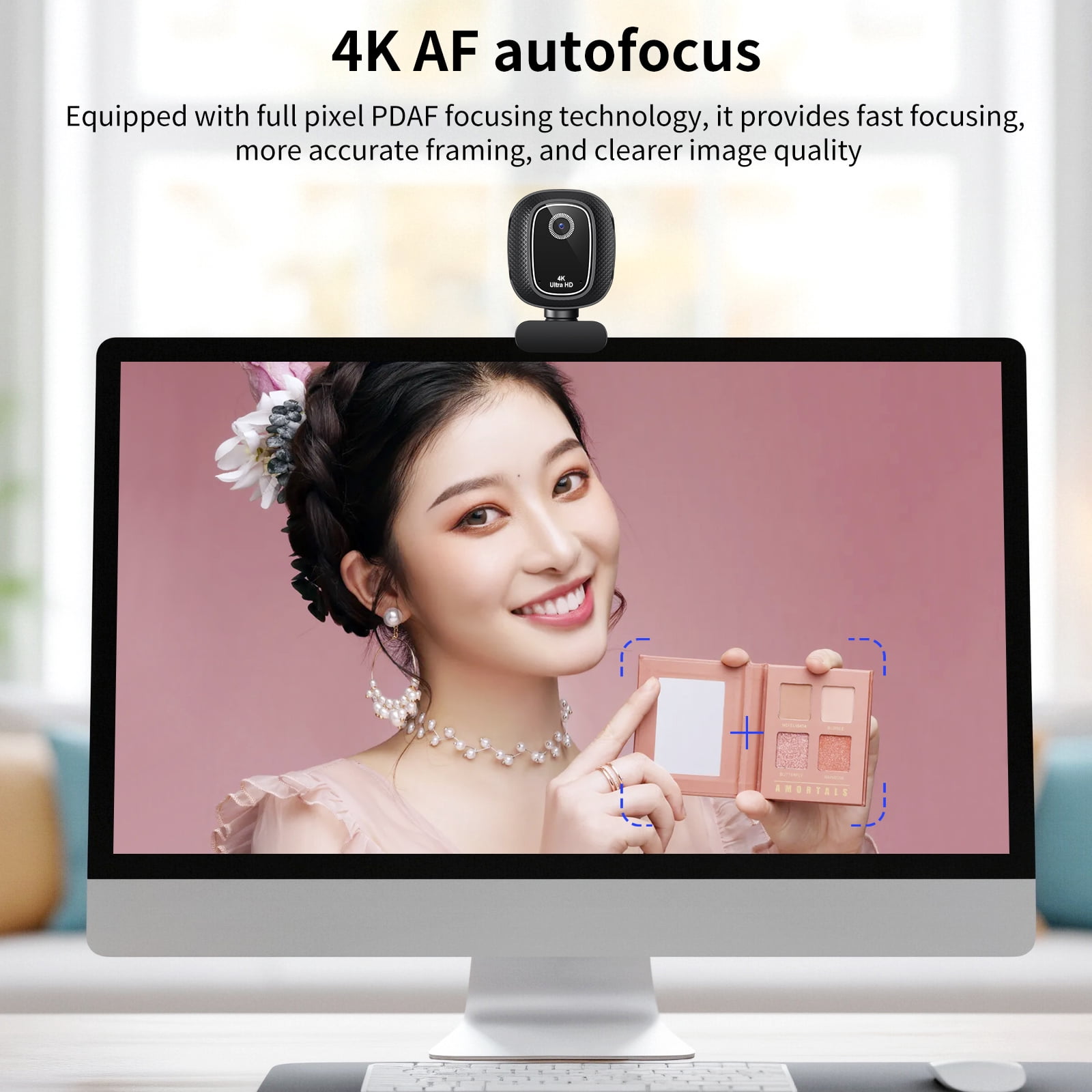4K Webcam with Built-in Ring Light, Auto & Fixed Focus USB CMOS Camera for Live Streaming