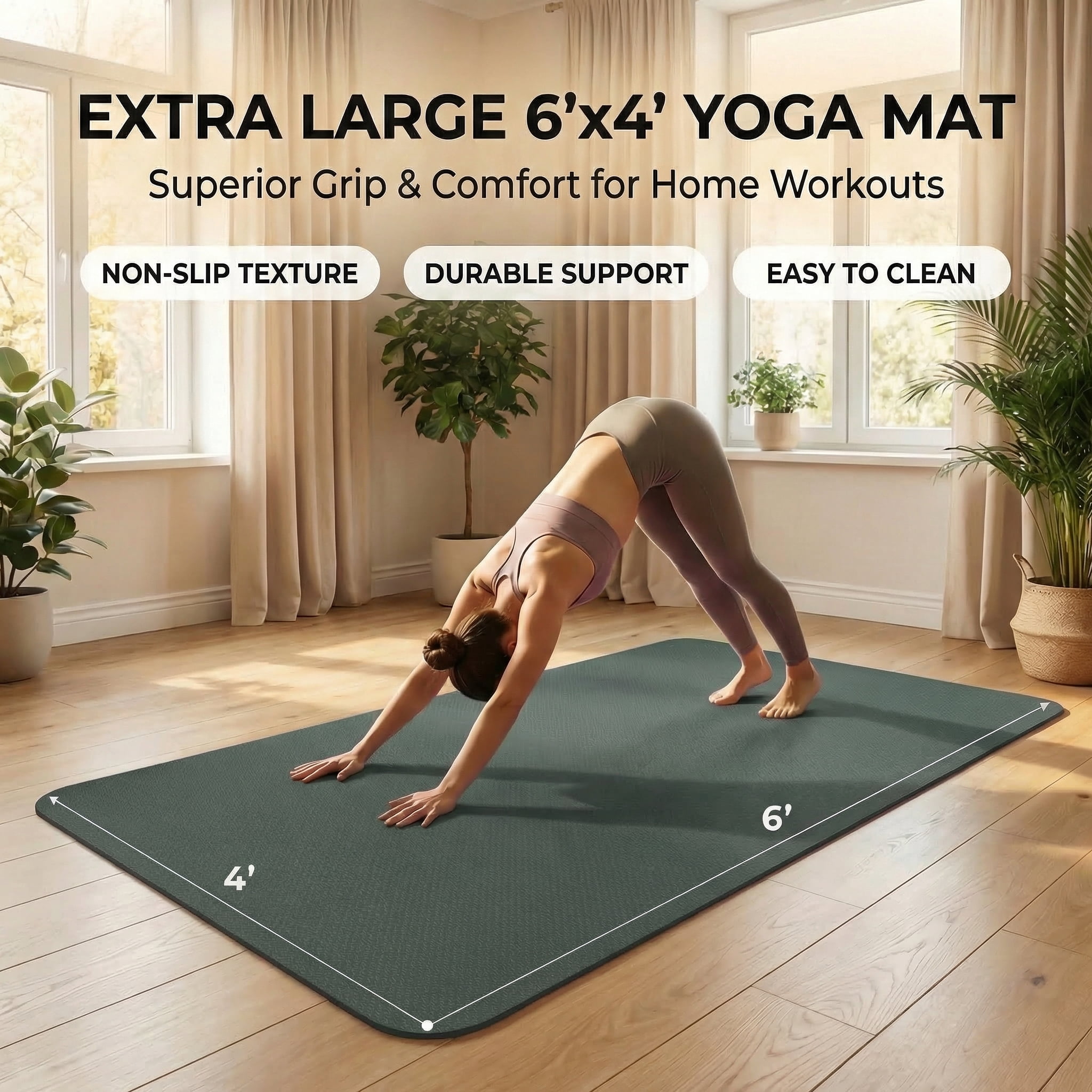 FrenzyBird Large Yoga Mat, 6'x4'(72"x48") 183x122cm, 6mm thick TPE non-slip extra wide exercise mat. Ideal for home yoga, Pilates, gym & floor workouts, suitable for women and men (Dark Green)