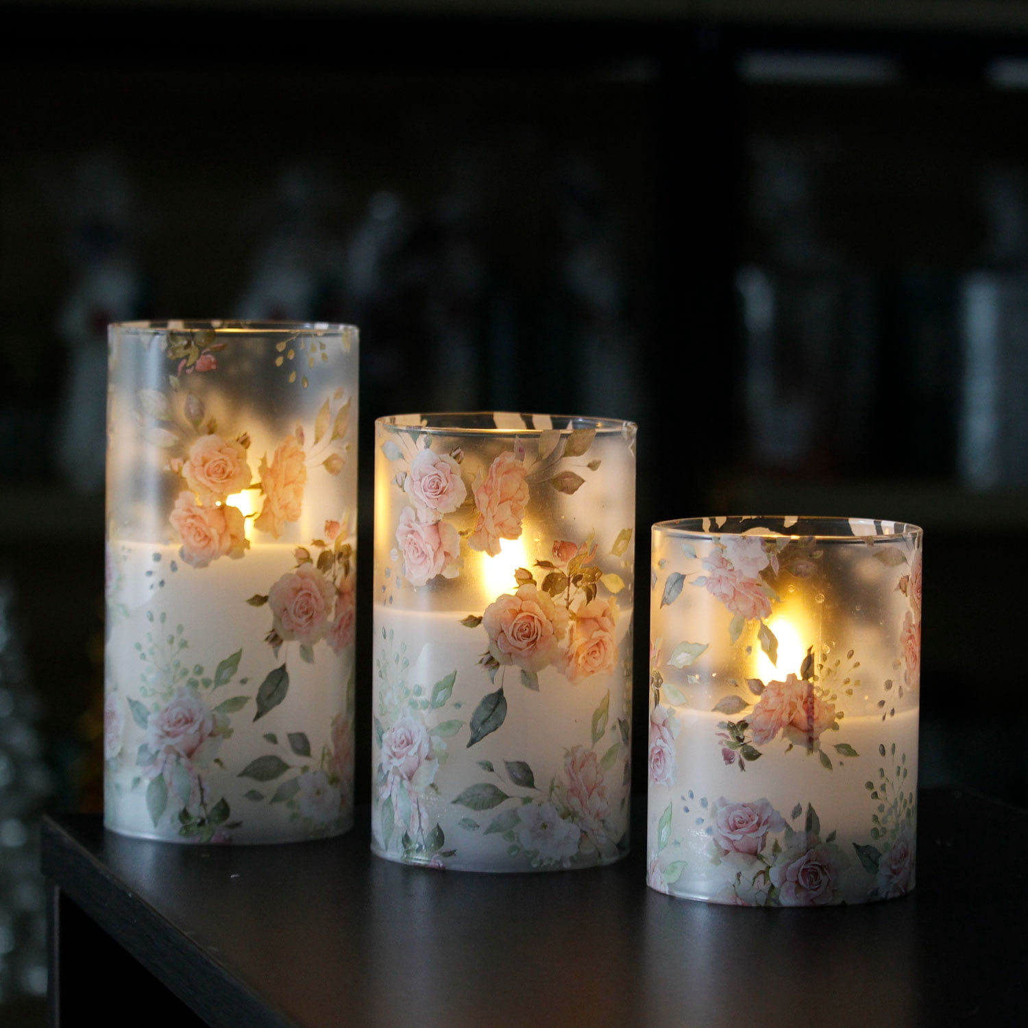 Meltone Rose LED Flameless Candles Battery Operated, Real Wax Glass LED Pillar with Remote Control, 3pcs Candle Set 3''x4''/5''/6''