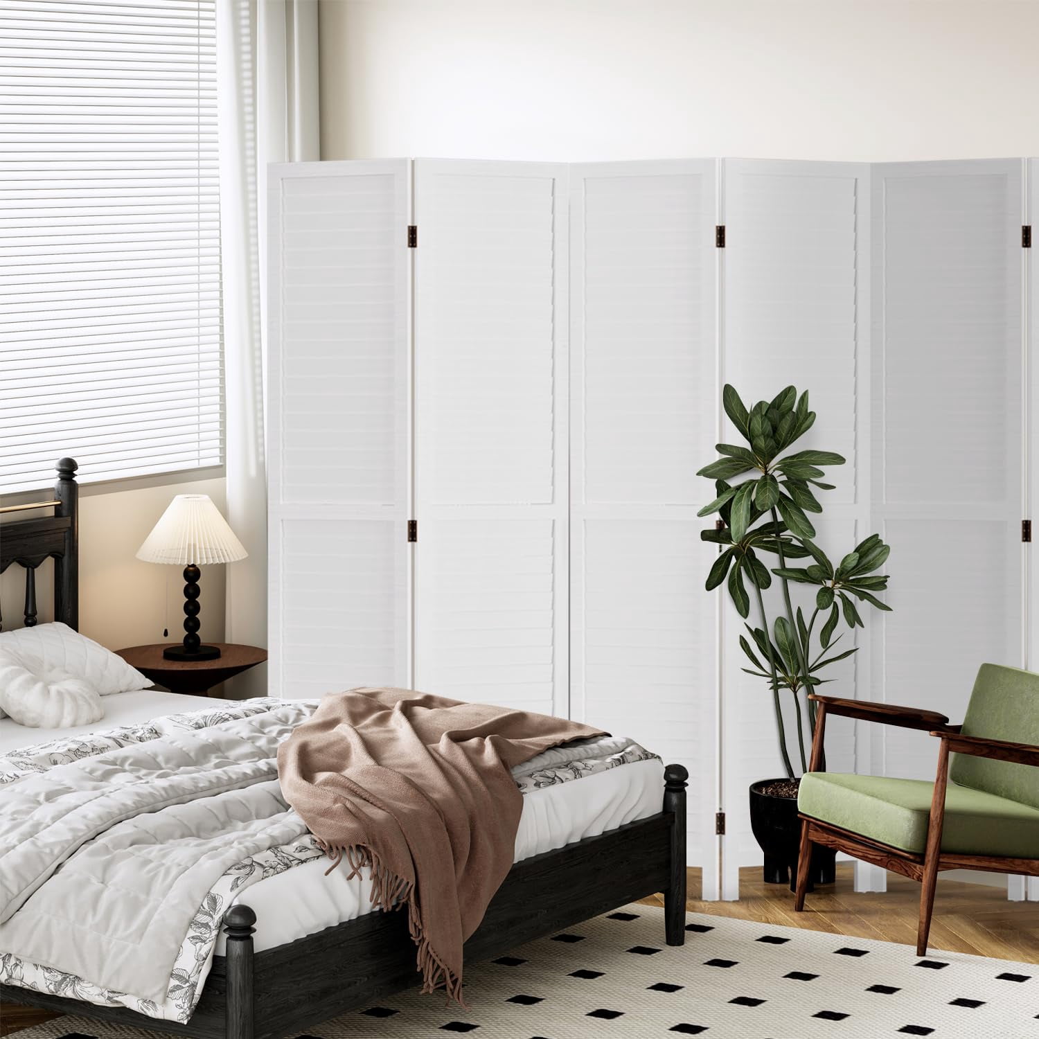 NiamVelo Wood Room Divider 6 Panel Privacy Screen Folding Freestanding Partition 5.74 FT Tall Wall Divider for Home Office, White