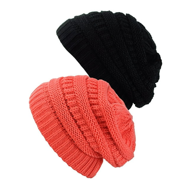Bonnet Tricoté pour Femmes (Lot de 2), Noir/corail