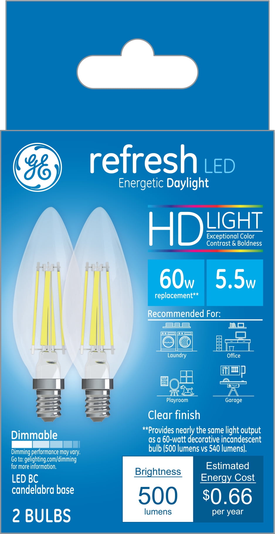 2-Pack GE 68758 Refresh Dimmable LED 25w Replacement B11 Candelabra Base Torpedo Blunt Tip Clear Finish HD Light Energetic Daylight 