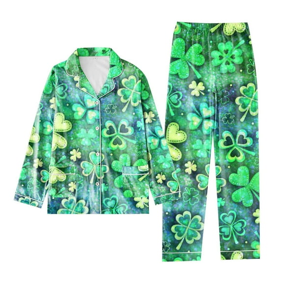 SCSAlgin Women St Patricks Day Pajamas Set Button Down Shamrock Print Shirt Long Pants Sleepwear