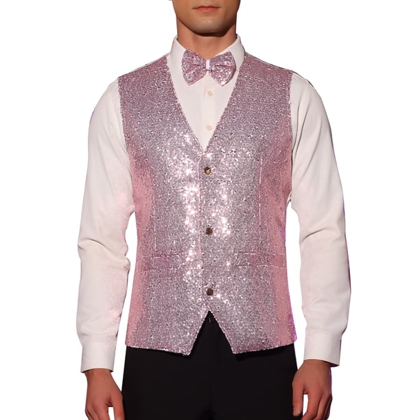 Conjunto de chaleco de lentejuelas brillantes INSPIRE CHIC para hombres con corbata de moño 2XL Rosa