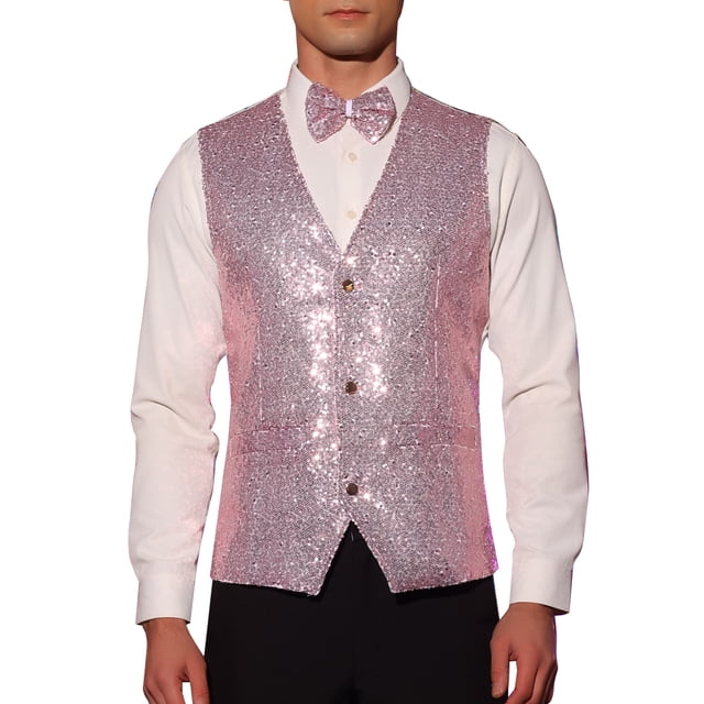 INSPIRE CHIC Men's Disco Shiny Sequin Vest Suit Waistcoat Set with Bow Tie 2XL Pink