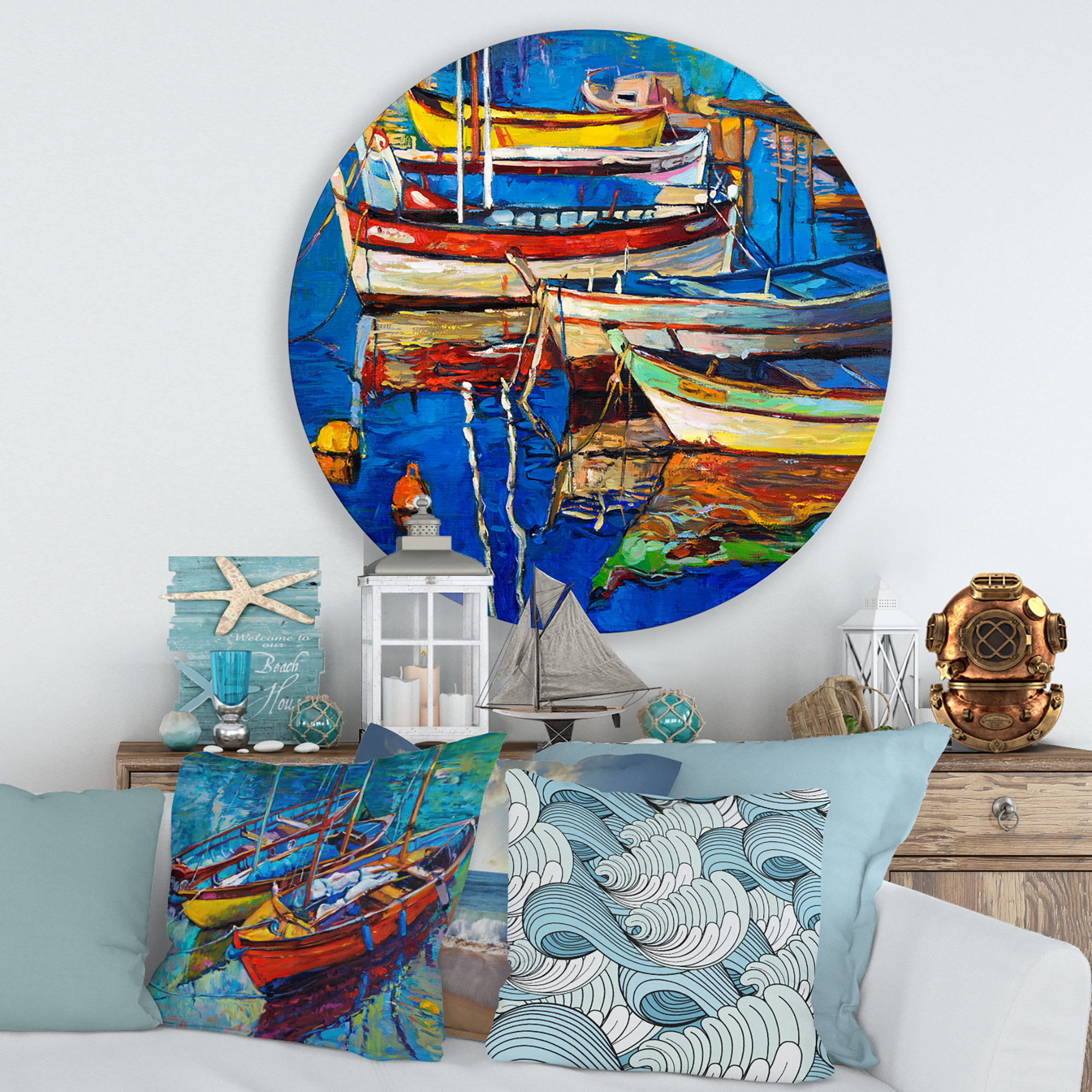 Designart 'Boats Near Coastal Town Resting On The Water II' Nautical & Coastal Circle Metal Wall Art 36x36 - Disc of 36