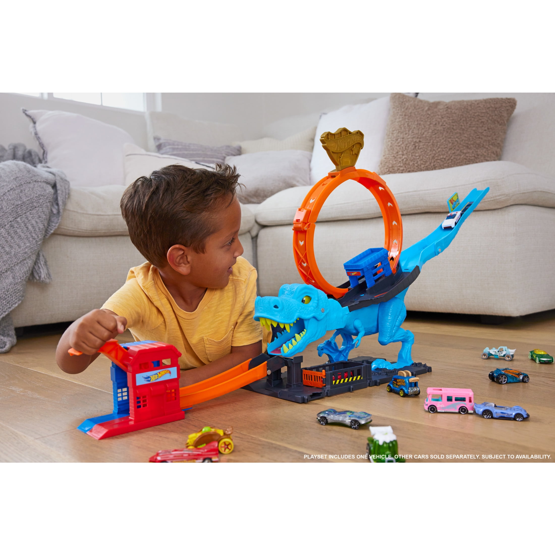 Hot Wheels TRex Dino Launcher Race, ChompDown Track Set with Huge Loop & 1:64 Toy Car, Age 35  (图3)