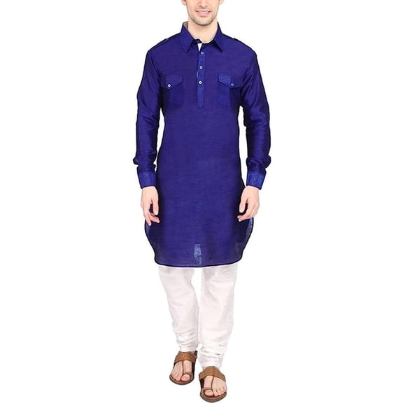 Royal Kurta Men's Silk Blend Pathani Kurta Churidar Set Blue
